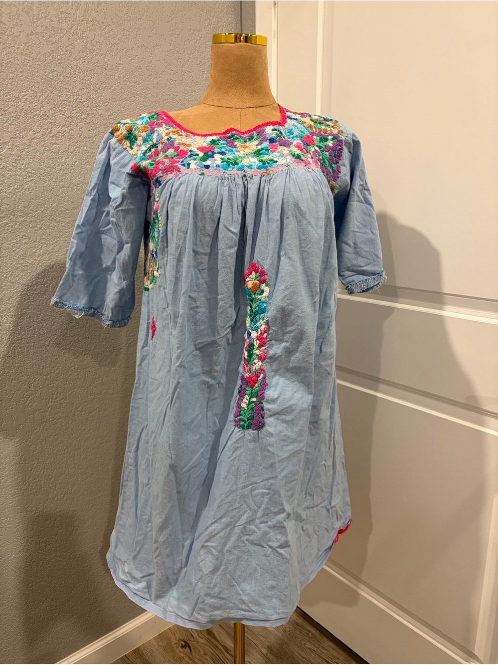 Mi Golondrina Light Blue Dress with Multicolor Floral Embroidery